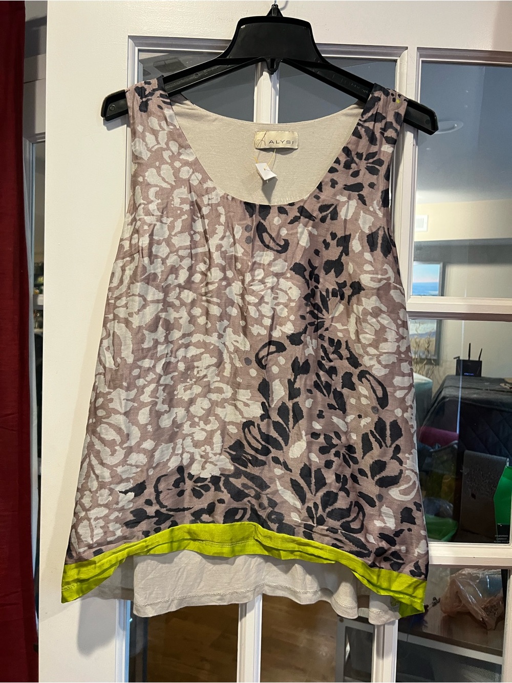 Floral Print Sleeveless Camisole in Taupe with Lime Trim